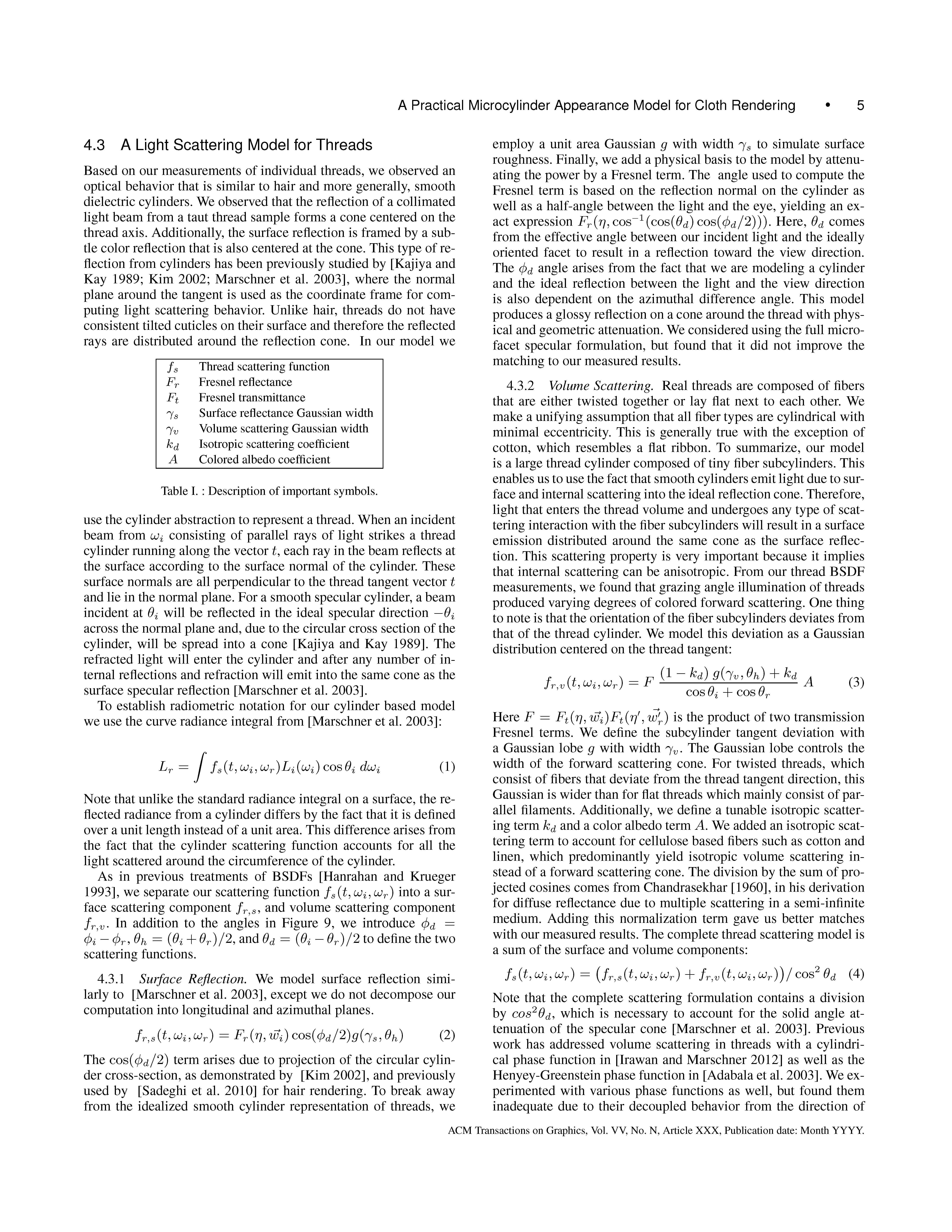 A Practical Microcylinder Appearance Model for Cloth Rendering Page 5