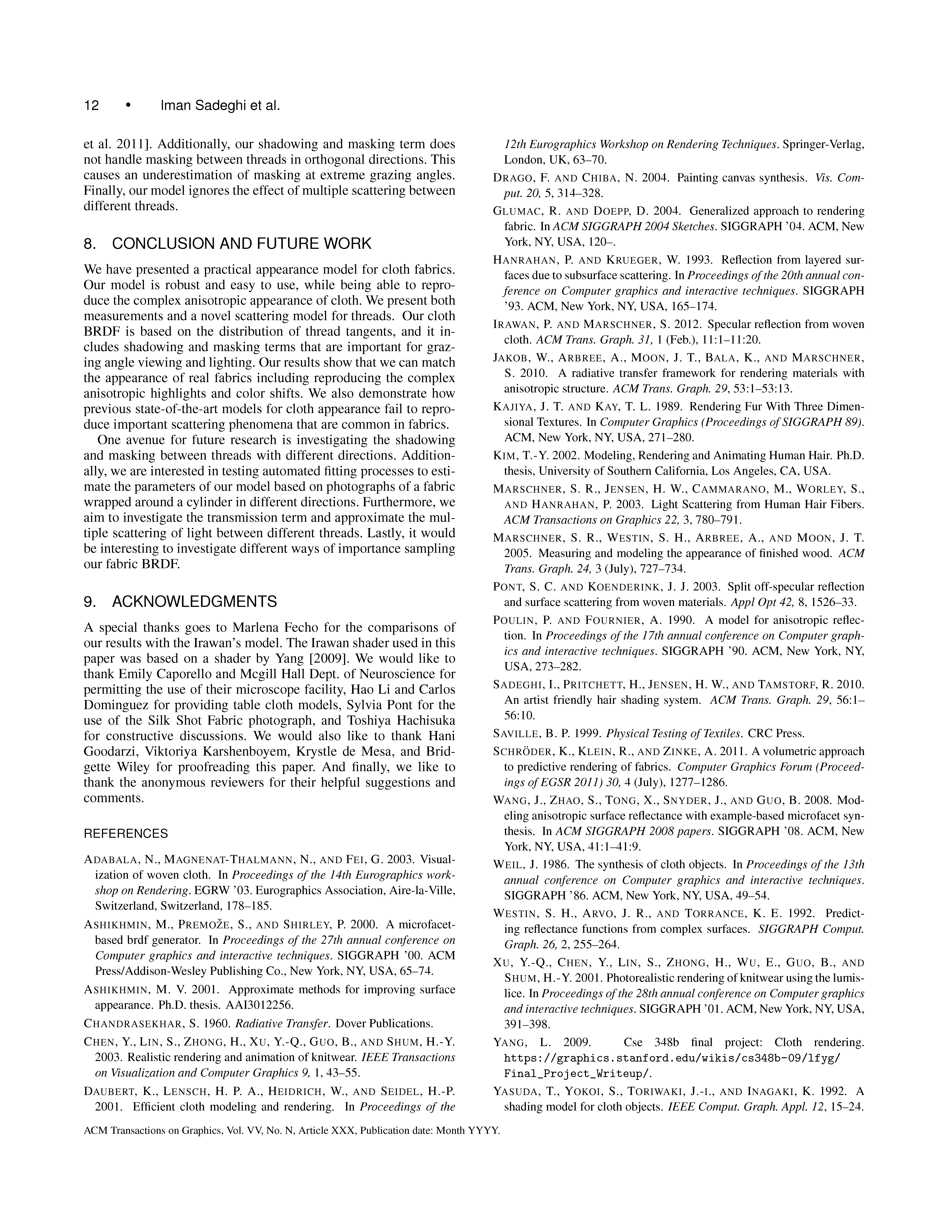 A Practical Microcylinder Appearance Model for Cloth Rendering Page 12