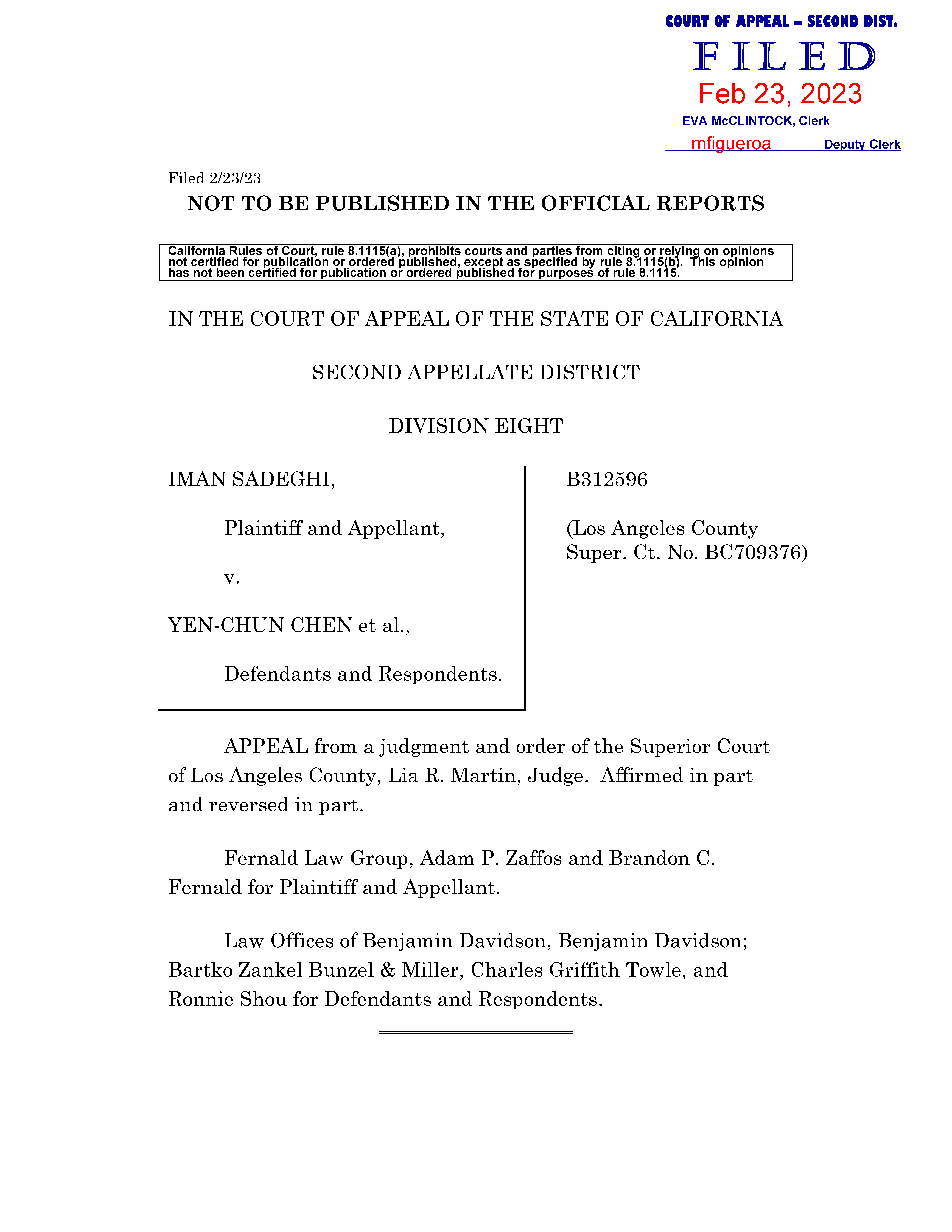 Appellate Court's Opinion Upholding Sadeghi's Claims for Battery and IIED Against Chen, Hu and Kung Page 1