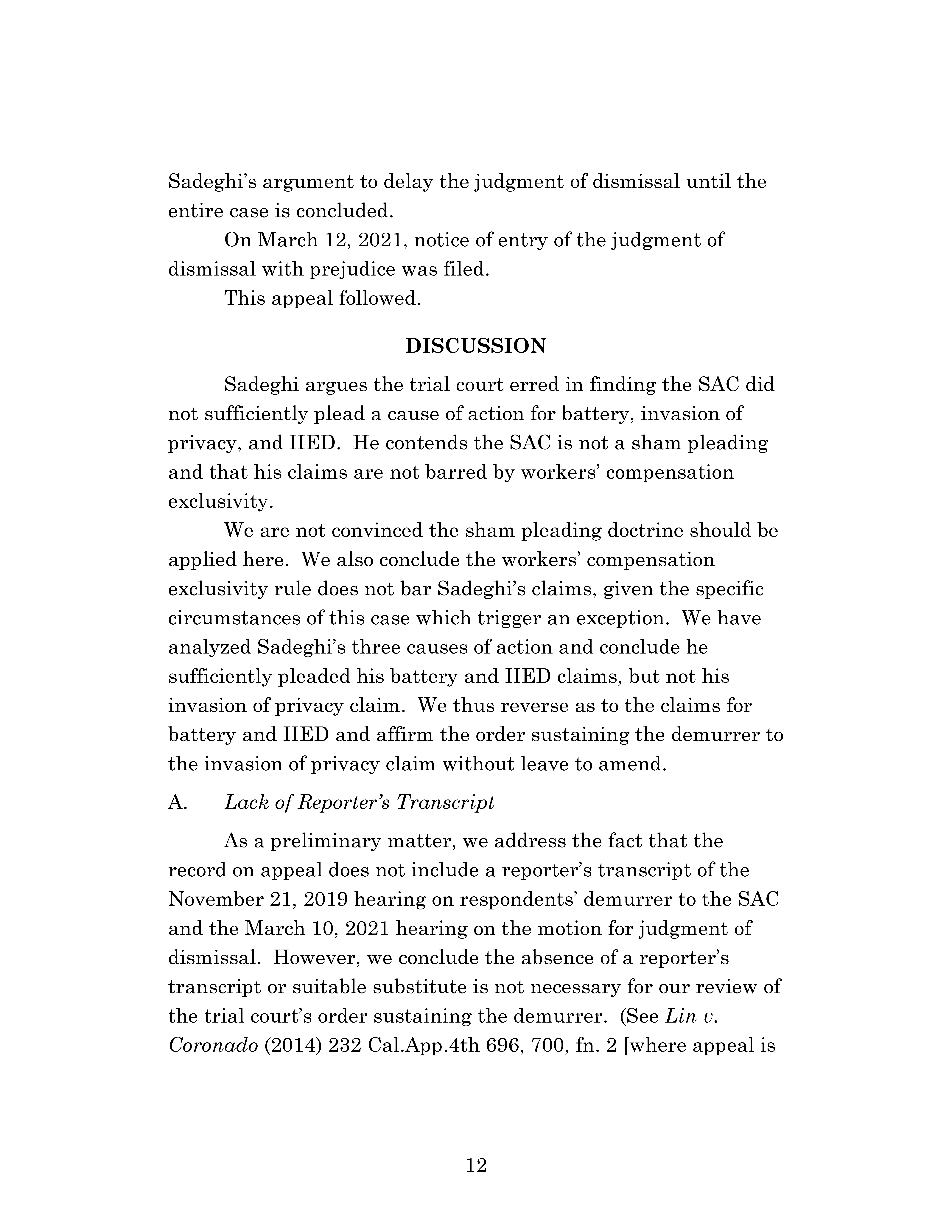 Appellate Court's Opinion Upholding Sadeghi's Claims for Battery and IIED Against Chen, Hu and Kung Page 12