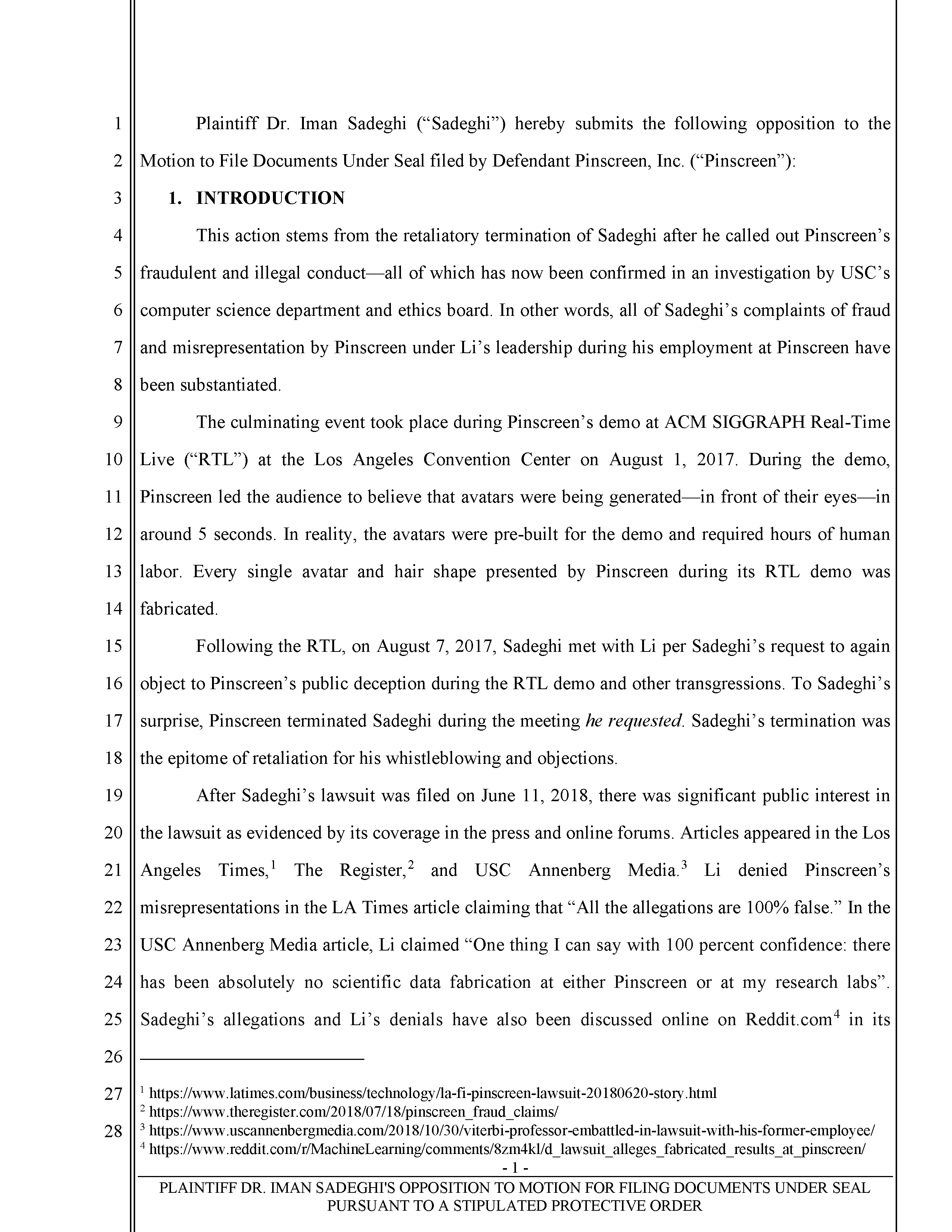 Sadeghi’s Opposition to Pinscreen’s Motions to Seal USC’s Investigation of Hao Li’s Scientific Misconduct Page 2