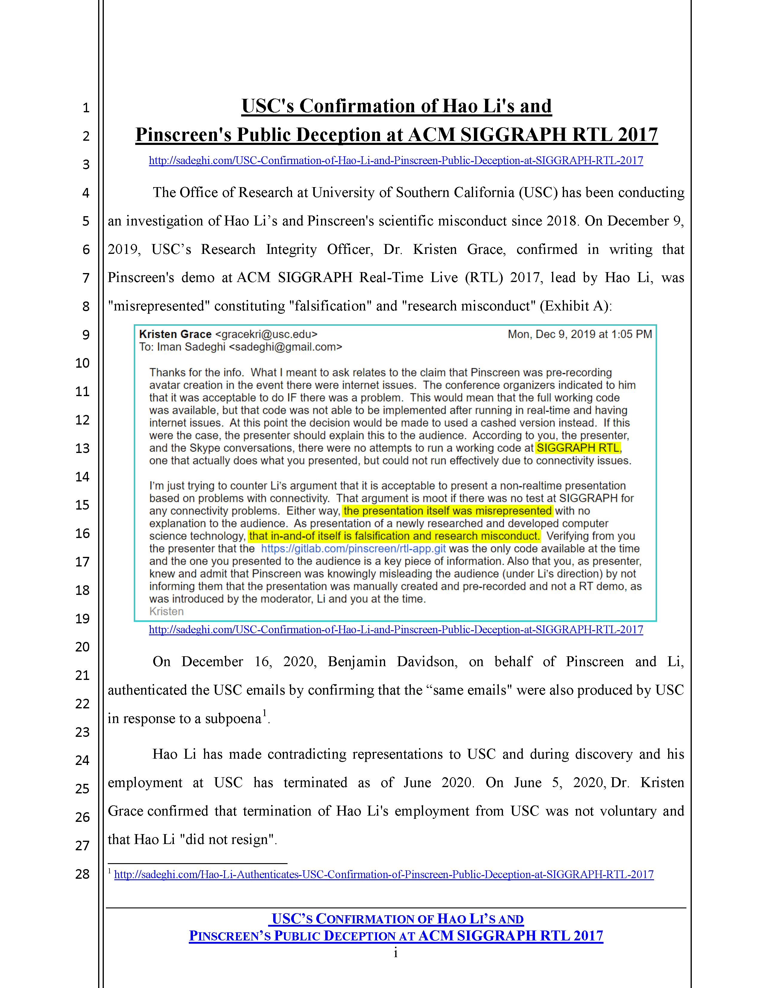 USC's Confirmation of Hao Li's and Pinscreen's Public Deception at ACM SIGGRAPH RTL 2017 Page 1